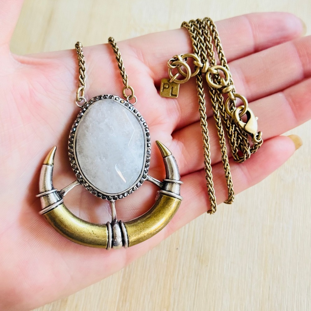 Park Lane PL Viking Necklace Statement Chain Dangle Crescent Horn Quartz Brass